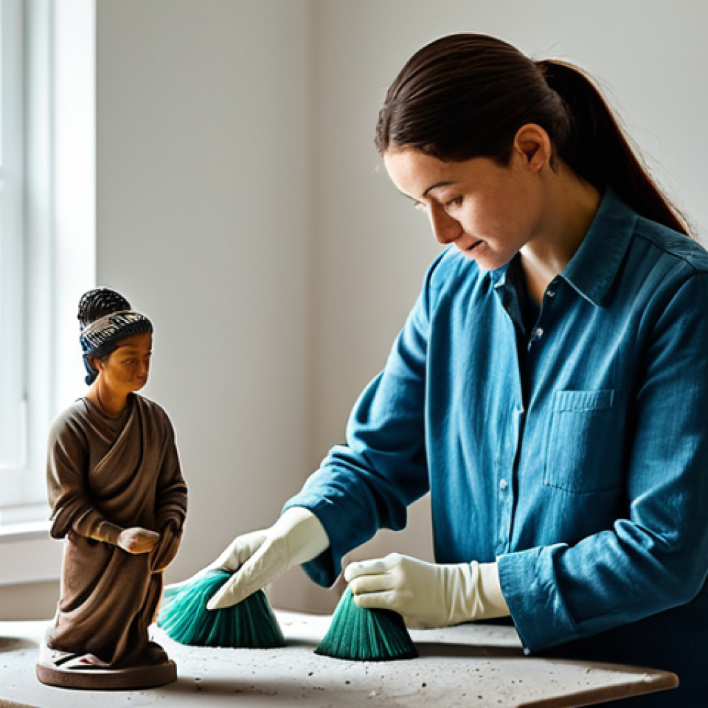 **
"A fully clothed woman carefully cleaning a clay statue with a soft brush in a well-lit room, appropriate content, safe for work, professional setting, perfect anatomy, natural pose, modest clothing, family-friendly, high quality."
**