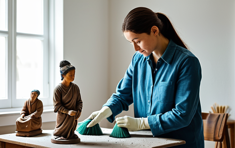 **
"A fully clothed woman carefully cleaning a clay statue with a soft brush in a well-lit room, appropriate content, safe for work, professional setting, perfect anatomy, natural pose, modest clothing, family-friendly, high quality."
**