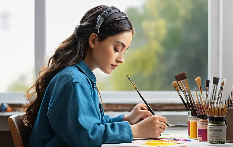 피규어 전용 도색 도구 추천 - **A highly detailed, professional photograph of a focused female miniature painter, casually dressed...