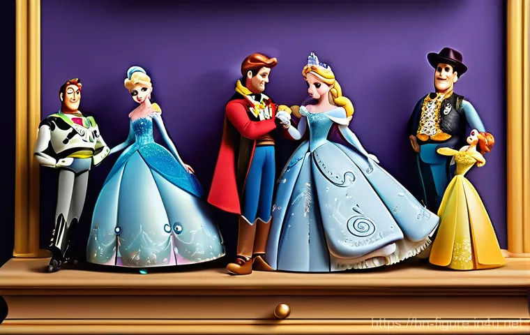 디즈니 캐릭터 피규어 추천 - **Prompt:** A magical and whimsical display of various Disney character figures. The scene features ...